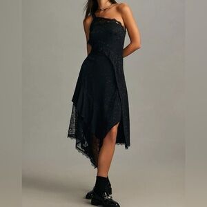 Anthropologie Black One-Shoulder Asymmetrical‎ Midi Dress – Women’s XS (EUC)